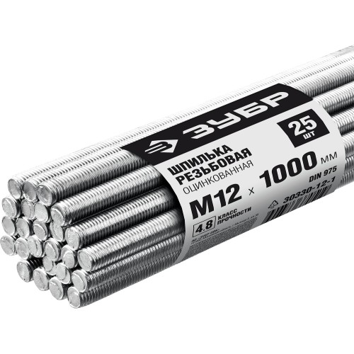 ЗУБР DIN 975, кл. пр. 4.8, М12 х 1000 мм, цинк, 25 шт, резьбовая шпилька (30330-12-1) ЗУБР DIN 975, кл. пр. 4.8, М12 х 1000 мм, цинк, 25 шт, резьбовая шпилька (30330-12-1)
