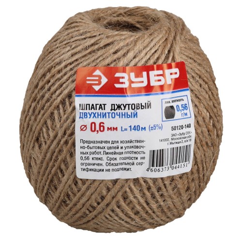 ЗУБР 140 м, 2-ниточный, d 1.2 мм, 1120 ктекс, 12 кгс, джутовый шпагат (50120-140) ЗУБР 140 м, 2-ниточный, d 1.2 мм, 1120 ктекс, 12 кгс, джутовый шпагат (50120-140)
