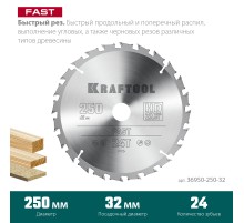 KRAFTOOL Fast, 250 х 32 мм, 24Т, пильный диск по дереву (36950-250-32)