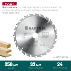 KRAFTOOL Fast, 250 х 32 мм, 24Т, пильный диск по дереву (36950-250-32)