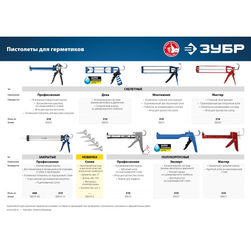 ЗУБР 310 мл, полукорпусной пистолет для герметика (06621) ЗУБР 310 мл, полукорпусной пистолет для герметика (06621)
