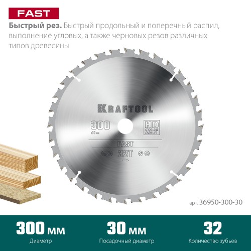 KRAFTOOL Fast, 300 х 30 мм, 32Т, пильный диск по дереву (36950-300-30)