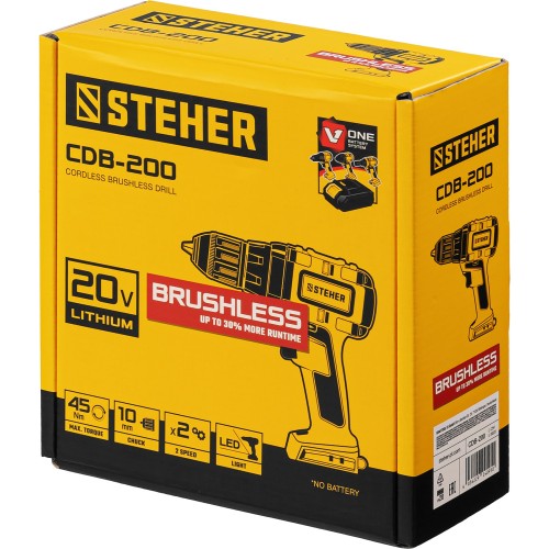 STEHER V1, 20 В, 45 Н·м, без АКБ, бесщеточная дрель-шуруповерт (CDB-200)