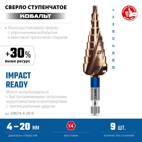 ЗУБР КОБАЛЬТ 4-20мм, 9 ступеней, винтовая проточка, сверло ступенчатое, серия Профессионал(29674-4-20-9) ЗУБР КОБАЛЬТ 4-20мм, 9 ступеней, винтовая проточка, сверло ступенчатое, серия Профессионал(29674-4-20-9)