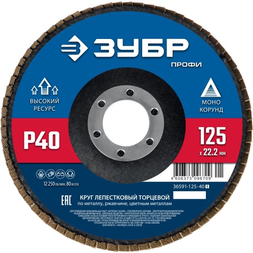 ЗУБР 125 х 22.2 мм, P40, КЛТ, Круг лепестковый торцевой (36591-125-40) ЗУБР 125 х 22.2 мм, P40, КЛТ, Круг лепестковый торцевой (36591-125-40)