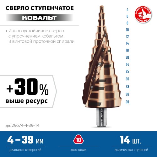 ЗУБР КОБАЛЬТ 4-39мм, 14 ступеней, винтовая проточка, сверло ступенчатое, серия Профессионал(29674-4-39-14)