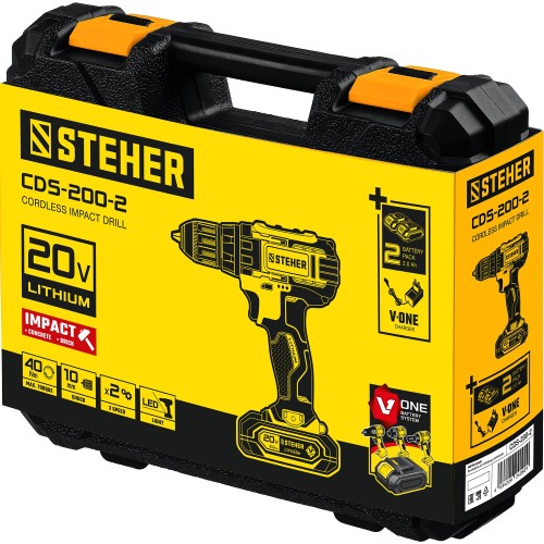 STEHER V1, 20 В, 40 Н·м, 2 АКБ (2 А·ч), ударная дрель-шуруповерт, кейс (CDS-200-2)