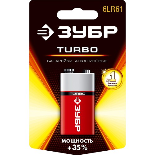ЗУБР TURBO, 6LR61 (крона), 1 шт, 9 В, алкалиновая батарейка (59219) ЗУБР TURBO, 6LR61 (крона), 1 шт, 9 В, алкалиновая батарейка (59219)