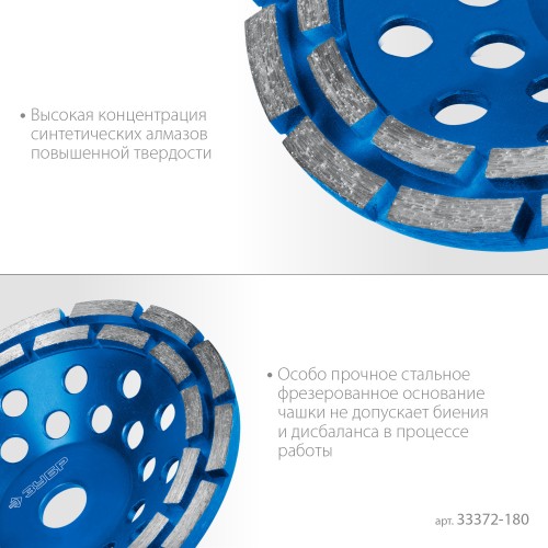 ЗУБР d 180 мм, двухрядная алмазная шлифовальная чашка, Профессионал (33372-180) ЗУБР d 180 мм, двухрядная алмазная шлифовальная чашка, Профессионал (33372-180)