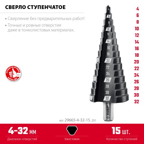 ЗУБР 4-32мм, 15 ступеней, сверло ступенчатое (29665-4-32-15) ЗУБР 4-32мм, 15 ступеней, сверло ступенчатое (29665-4-32-15)