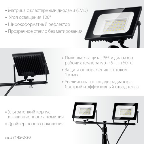 ЗУБР ПСК 30х2, 2 х 30 Вт, 6500 К, IP 65, 1.6 м, светодиодные прожекторы на штативе, Профессионал (57145-2-30) ЗУБР ПСК 30х2, 2 х 30 Вт, 6500 К, IP 65, 1.6 м, светодиодные прожекторы на штативе, Профессионал (57145-2-30)