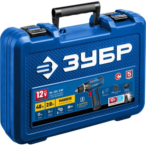 ЗУБР 12 В, 40 Н·м, 2 АКБ тип Т7 (2 А·ч), дрель-шуруповерт + LED фонарь, кейс, Профессионал (DL-121-22F) ЗУБР 12 В, 40 Н·м, 2 АКБ тип Т7 (2 А·ч), дрель-шуруповерт + LED фонарь, кейс, Профессионал (DL-121-22F)