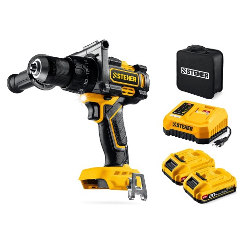 STEHER 20 В, 165 Н·м, 2 АКБ LMS (2 А·ч), бесщеточная ударная дрель-шуруповерт, сумка (CBS-165-22)