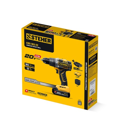 STEHER 20 В, 165 Н·м, 2 АКБ LMS (2 А·ч), бесщеточная ударная дрель-шуруповерт, сумка (CBS-165-22)