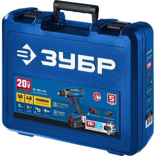 ЗУБР Т7, 20 В, 50 Н·м, 2 АКБ (4 А·ч), дрель-шуруповерт, кейс, Профессионал (DL-201-42) ЗУБР Т7, 20 В, 50 Н·м, 2 АКБ (4 А·ч), дрель-шуруповерт, кейс, Профессионал (DL-201-42)