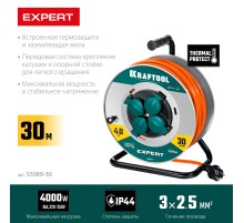KRAFTOOL ПВС 3х2.5 30м 4000Вт IP44, Силовой удлинитель на стальной катушкеEXPERT (55089-30)