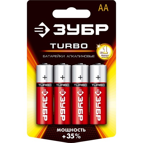ЗУБР TURBO, АА х 4, 1.5 В, алкалиновая батарейка (59213-4C) ЗУБР TURBO, АА х 4, 1.5 В, алкалиновая батарейка (59213-4C)