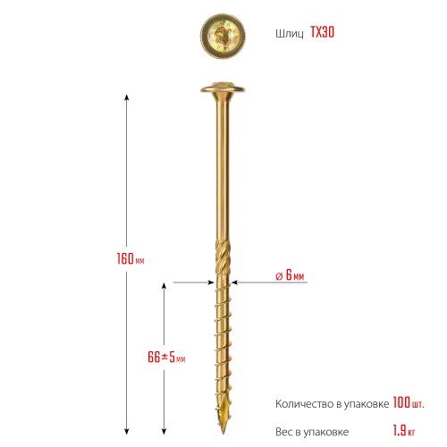 ЗУБР КС-Т, 160 х 6.0 мм, TX30, тарельчатая головка, желтый цинк, 100 шт, конструкционный саморез, Профессионал (30051-60-160) ЗУБР КС-Т, 160 х 6.0 мм, TX30, тарельчатая головка, желтый цинк, 100 шт, конструкционный саморез, Профессионал (30051-60-160)