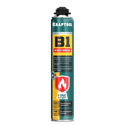 KRAFTOOL FIRE STOP B1, 750 мл, пистолетная, огнестойкая, не залипающий клапан, 240°С, SVS, выход до 45 л, монтажная пена (41186)