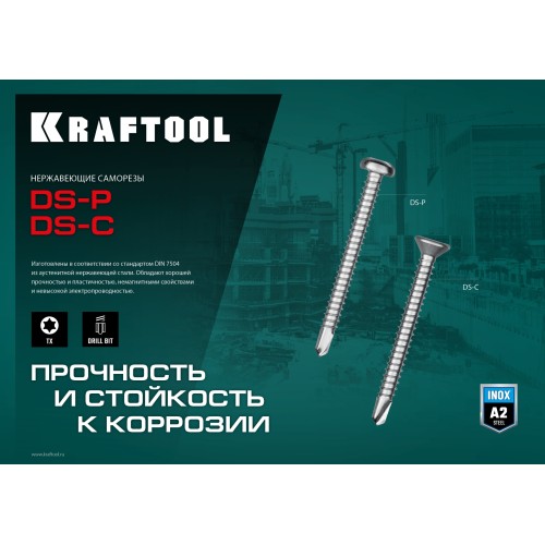 KRAFTOOL DS-P, 19 х 3.5 мм, А2, сверло, полукруглая головка, ТХ15, 800 шт, саморез нержавеющий (300931-35-019)