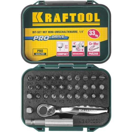 KRAFTOOL 33 шт, набор бит с мини-трещоткой (26157-H33) KRAFTOOL 33 шт, набор бит с мини-трещоткой (26157-H33)