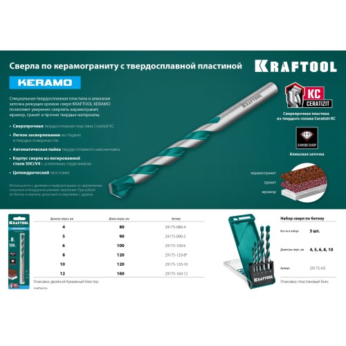KRAFTOOL Keramo, 12 х 160 мм, тв.сплав КС, сверло по керамограниту (29175-160-12)