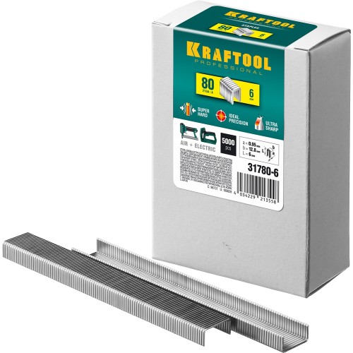 KRAFTOOL тип 21GA (80/Pr A/Senco AT) 6 мм, 5000 шт, скобы для степлера (31780-6) KRAFTOOL тип 21GA (80/Pr A/Senco AT) 6 мм, 5000 шт, скобы для степлера (31780-6)