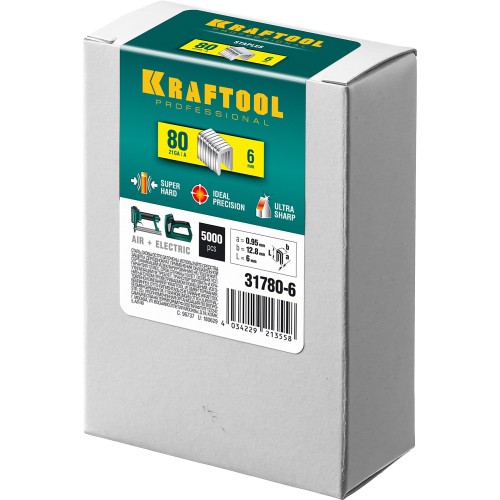 KRAFTOOL тип 21GA (80/Pr A/Senco AT) 6 мм, 5000 шт, скобы для степлера (31780-6) KRAFTOOL тип 21GA (80/Pr A/Senco AT) 6 мм, 5000 шт, скобы для степлера (31780-6)