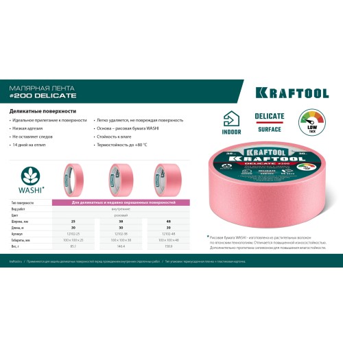 KRAFTOOL #200 Delicate 48 мм х 30 м, для деликатных и недавно окрашенных поверхностей, малярная лента (12102-48) KRAFTOOL #200 Delicate 48 мм х 30 м, для деликатных и недавно окрашенных поверхностей, малярная лента (12102-48)