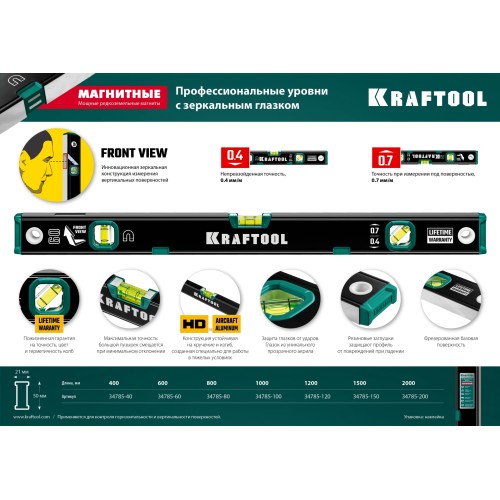 KRAFTOOL 800 мм, усиленный профиль, с зеркальным глазком, магнитный уровень (34785-80)