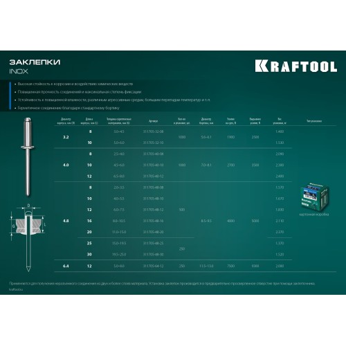KRAFTOOL Inox, 4.8 x 10 мм, 500 шт, нержавеющие заклепки (311705-48-10) KRAFTOOL Inox, 4.8 x 10 мм, 500 шт, нержавеющие заклепки (311705-48-10)