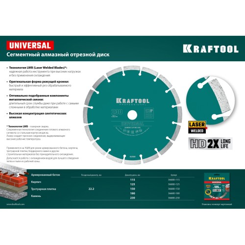 KRAFTOOL LASER-UNIVERSAL 180 мм (22.2 мм, 10х2.6мм), алмазный диск (36680-180) KRAFTOOL LASER-UNIVERSAL 180 мм (22.2 мм, 10х2.6мм), алмазный диск (36680-180)