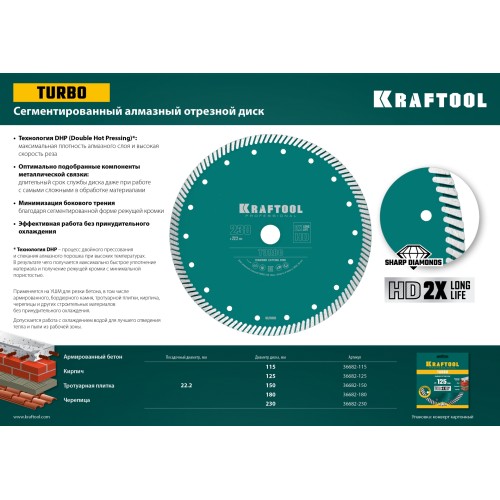 KRAFTOOL Turbo, 230 мм, (22.2 мм, 10 х 2.8 мм), сегментированный алмазный диск (36682-230)