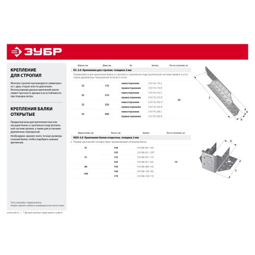 ЗУБР КС-2.0, 32 x 250 x 2 мм, крепление для стропил левостороннее (310176-250-L)