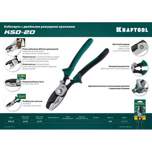 KRAFTOOL KSD-20, d 20мм, 200мм, с двойными режущими кромками, кабелерез (23332-20)