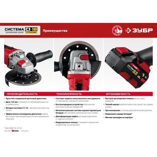 ЗУБР С1-18, 18 В, 125 мм, без АКБ, УШМ (УШМ-18-125)