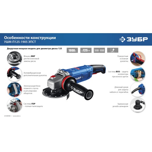 ЗУБР 1900 Вт, d125 мм, УШМ, регулировка оборотов, фланец ″МИГ″, Профессионал (УШМ-П125-1905 ЭПСТ)