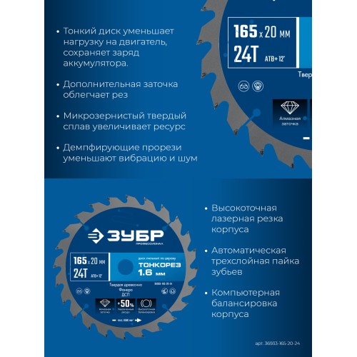 ЗУБР Тонкорез 165х20 x 1.6 мм, 24Т, диск пильный по дереву, тонкий рез, Профессионал (36933-165-20-24)