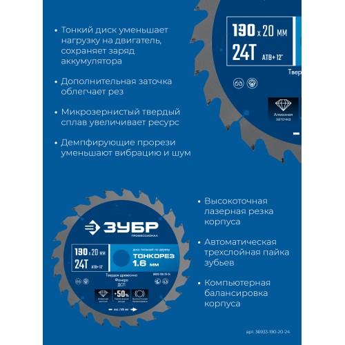 ЗУБР Тонкорез 190х20 x 1.6 мм, 24Т, диск пильный по дереву, тонкий рез, Профессионал (36933-190-20-24)