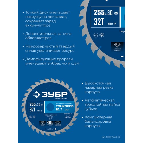 ЗУБР Тонкорез 255х30 x 2.1 мм, 32Т, диск пильный по дереву тонкий рез, Профессионал (36933-255-30-32)