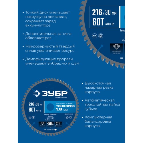ЗУБР Тонкорез 216х30 x 1.8 мм, 60Т, диск пильный по дереву, тонкий рез, Профессионал (36933-216-30-80)