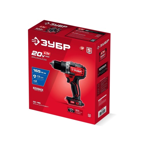 ЗУБР 20 В, 165 Н·м, без АКБ (LMS), бесщеточная дрель-шуруповерт (ДБ-165)