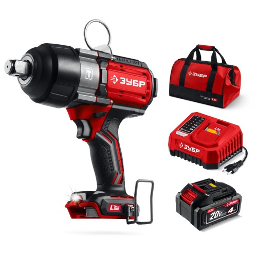 ЗУБР 20 В, 1000 Н·м, 1 АКБ LMS (4 А·ч), бесщеточный ударный гайковерт, сумка (ГБУ-1000-41)
