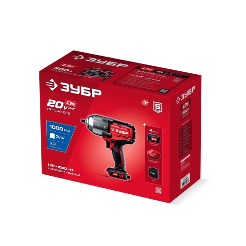 ЗУБР 20 В, 1000 Н·м, 1 АКБ LMS (4 А·ч), бесщеточный ударный гайковерт, сумка (ГБУ-1000-41)