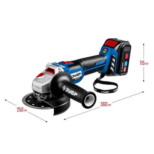 ЗУБР Т7, 20 В, 125 мм, 2 АКБ (4 А·ч), бесщеточная УШМ, сумка, Профессионал (AB-125-42)