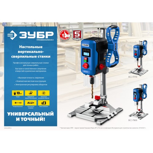 ЗУБР 800 Вт, 13 мм БЗП, вертикально - сверлильный станок, Профессионал (ВСС-П800)