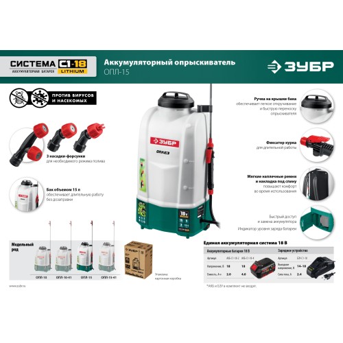 ЗУБР 15 л, 1 АКБ 4 А·ч, аккумуляторный опрыскиватель (ОПЛ-15-41)