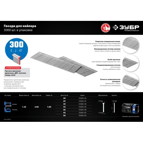 ЗУБР тип 18GA (47/300/F) 50 мм, 5000 шт, гвозди для нейлера, Профессионал (31830-50)