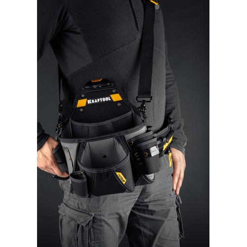 KRAFTOOL KPB-20 с быстросъёмным креплением FastClip, плечевой ремень, 20 карманов и петель, 320 х 310 мм, поясная сумка (38767)