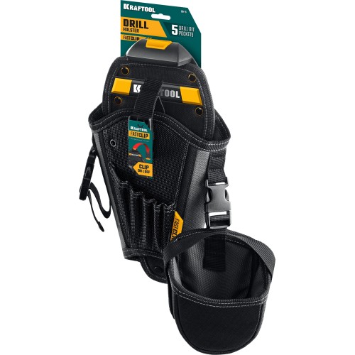 KRAFTOOL KH-5 с дополнительным съёмным карманом, с быстросъёмным креплением FastClip, 5 отделений для свёрл и бит, кобура для шуруповерта (38769)